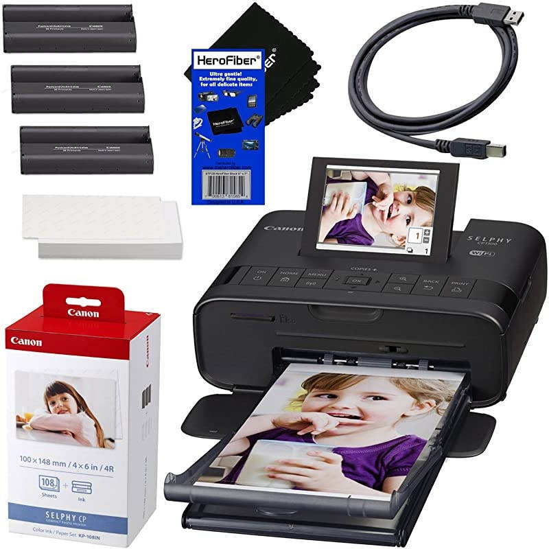 Canon SELPHY CP1300 Wireless Compact Photo Printer Black + Canon KP108IN Color Ink Paper Set Produces up to 108 of 4 x 6 Prints + USB Printer Cable +  Ultra Gentle Cleaning Cloth