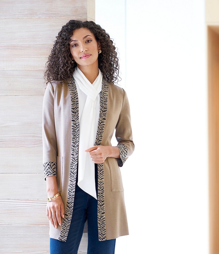 Ming Wang Animal Jacquard Trim Long Knit Jacket