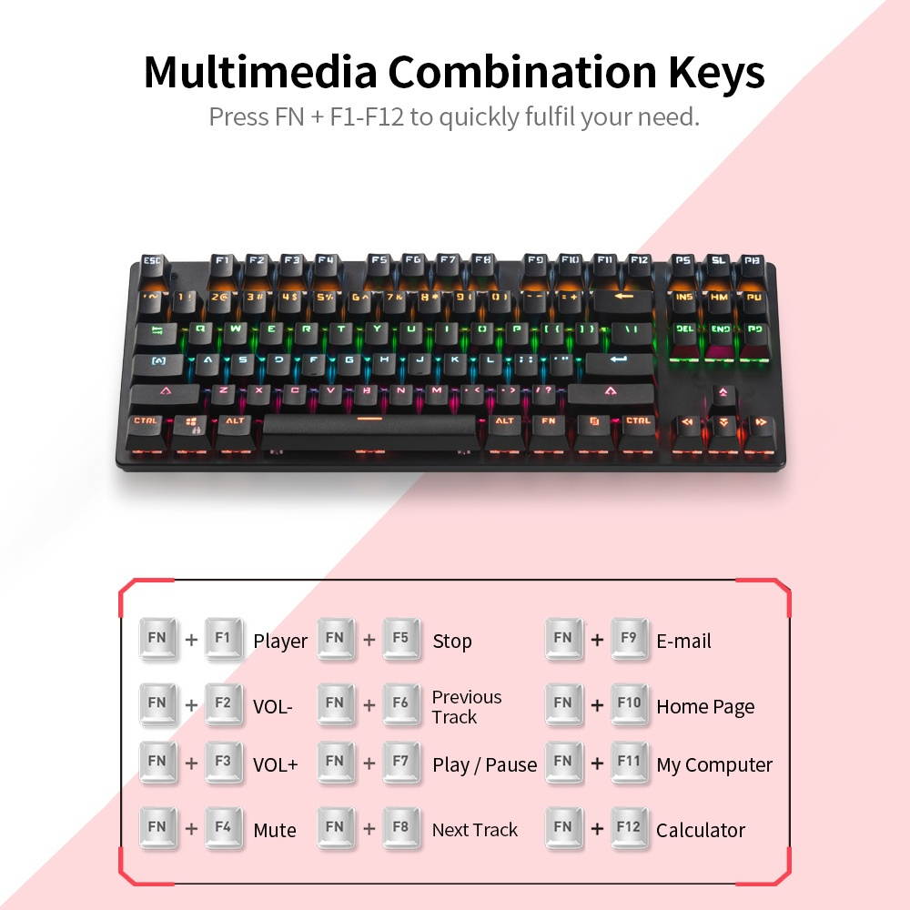 87-key Mechanical Keyboard Wired Keyboard RGB Backlit Keyboard Blue Switch/ 26-key Rollover/ Multimedia Combination Keys White