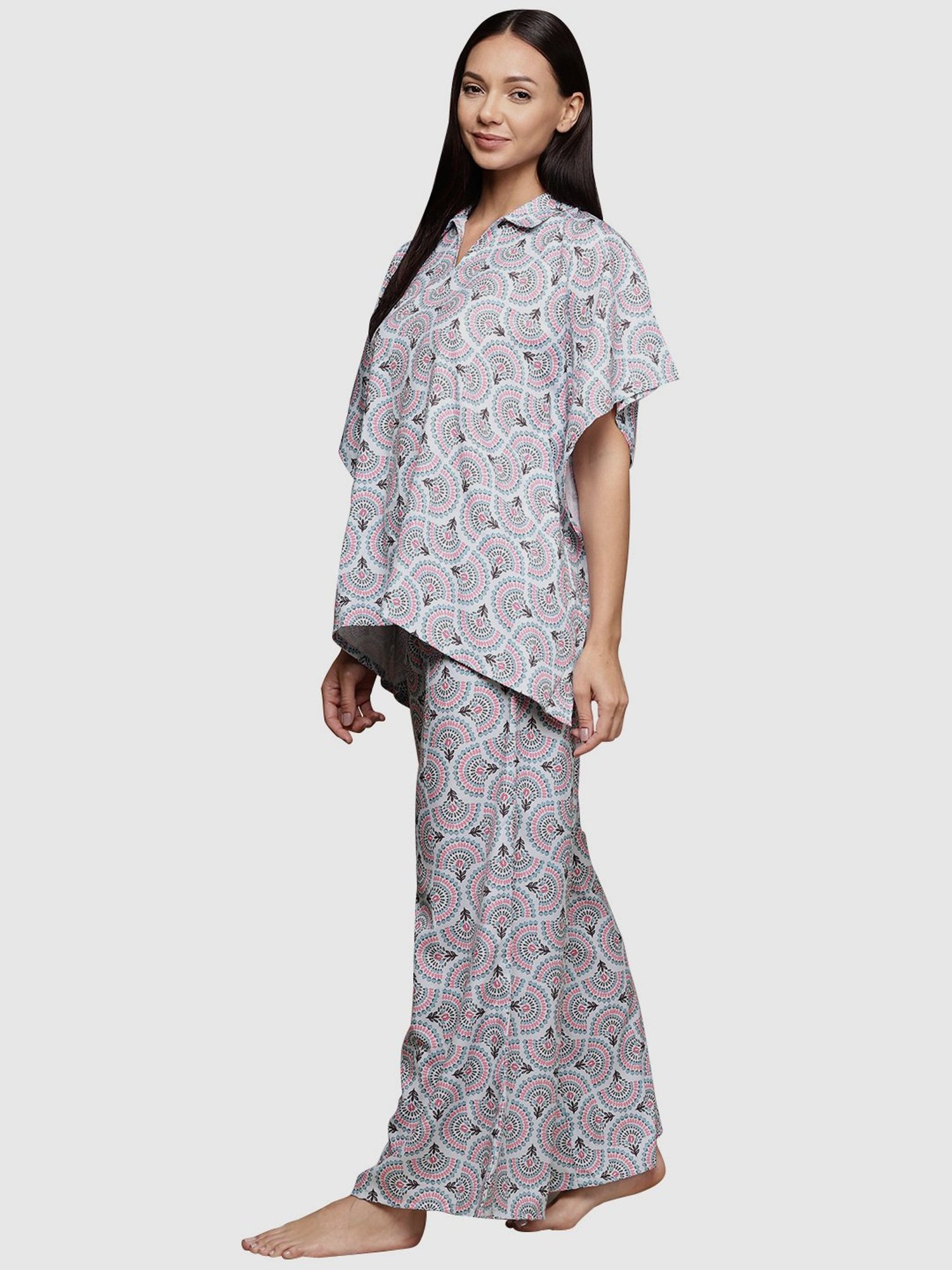 Ziyaa Grey Printed Kaftan Pyjama Set