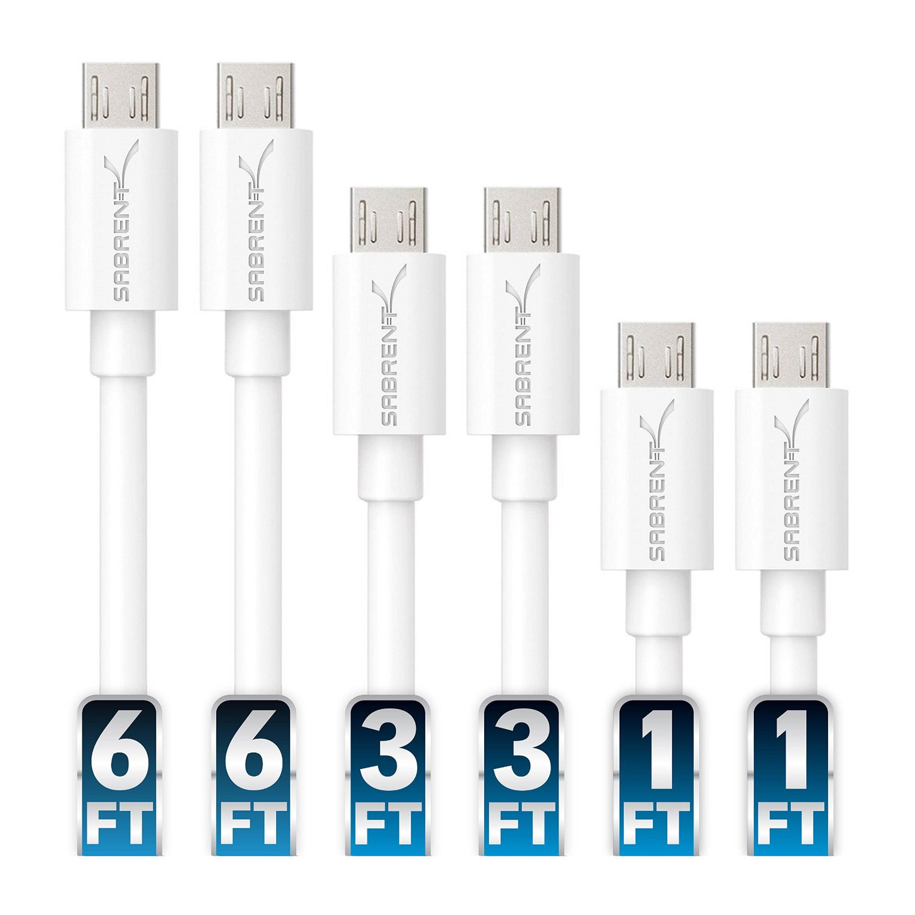 Sabrent 6-pack 22 AWG Premium 3ft Micro USB Cables High Speed USB 2.0 - White (CB-M63W)