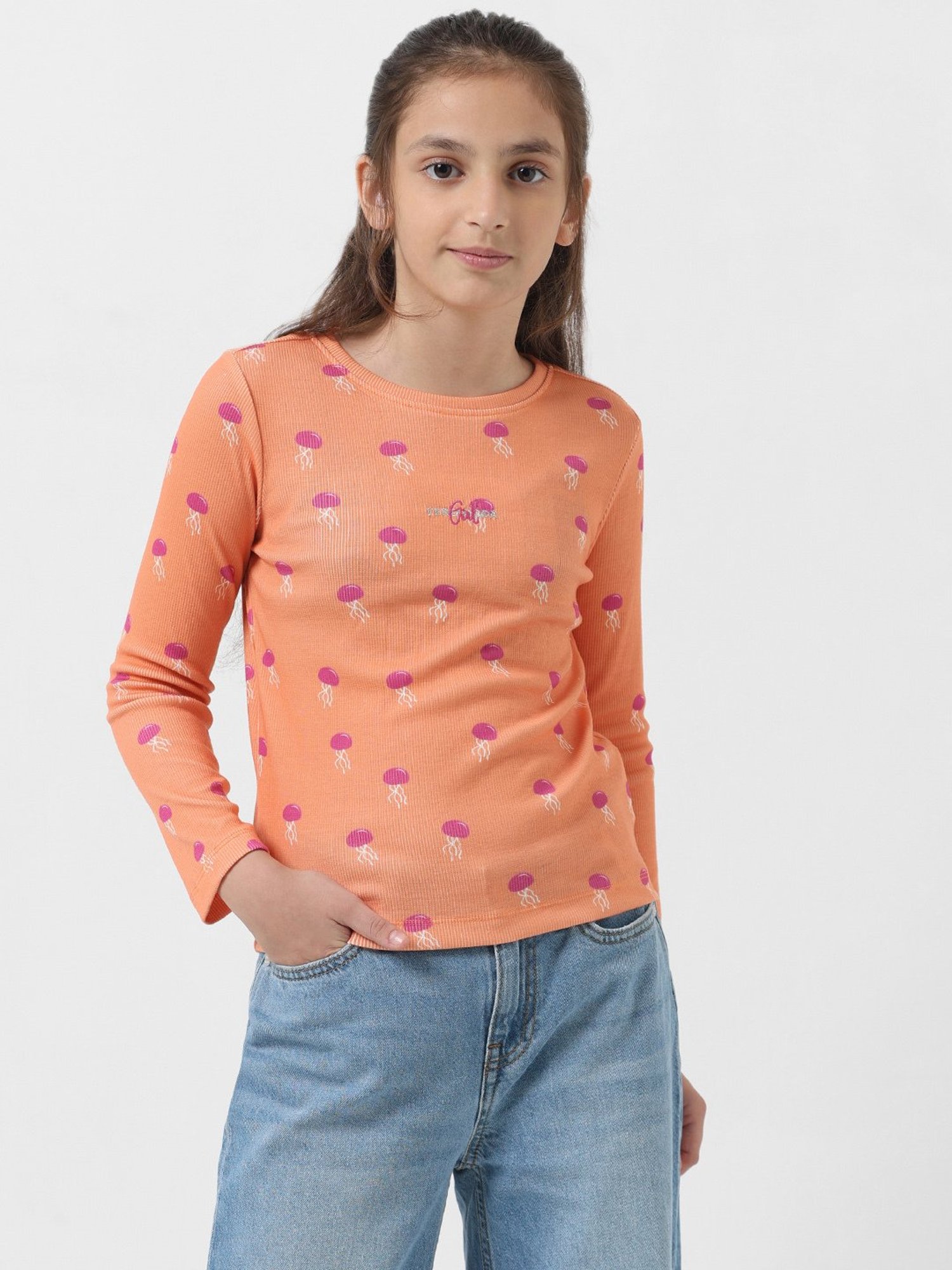 VERO MODA GIRL Orange Printed Full Sleeves T-Shirt