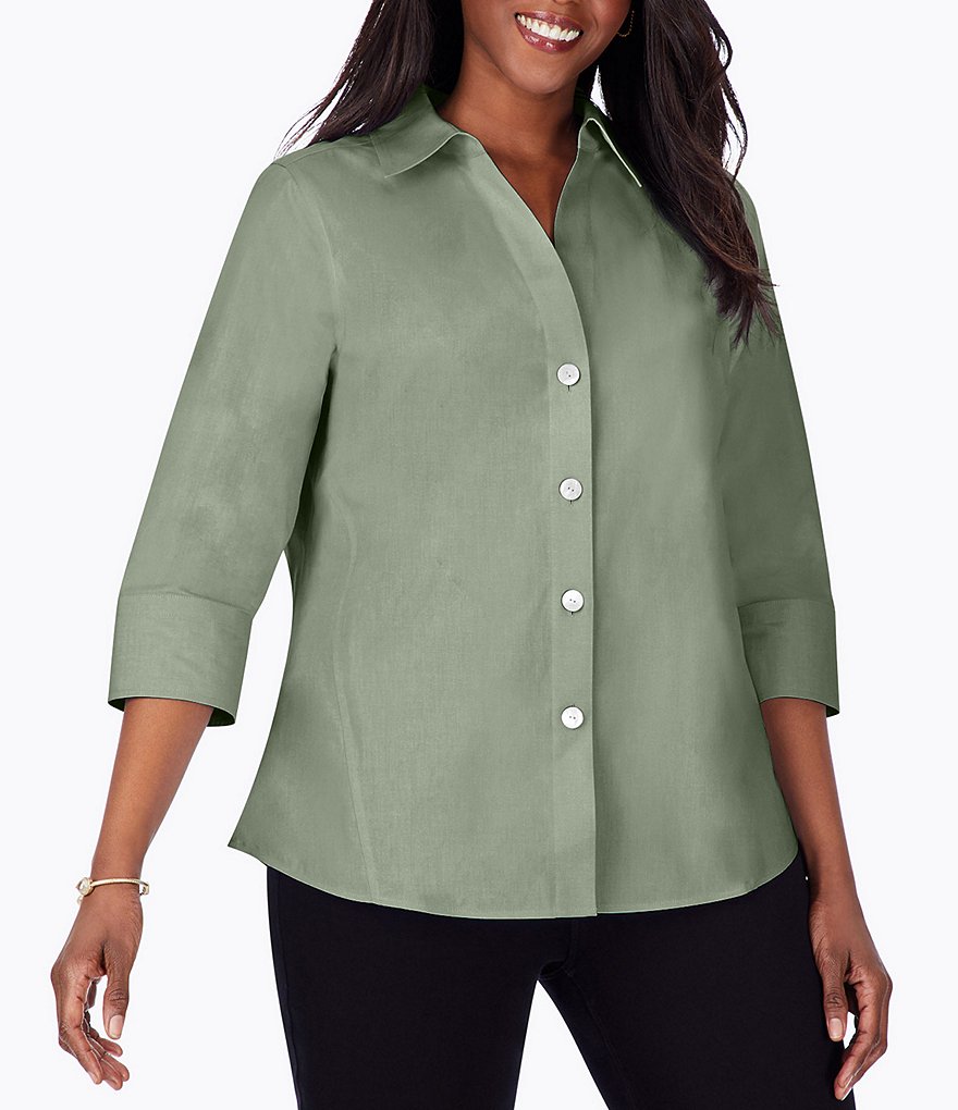 Foxcroft Plus Size Point Collar Neck 3/4 Sleeve Paityn Solid Shirt