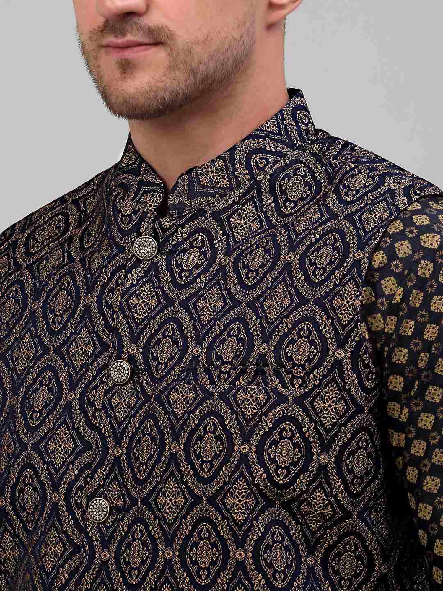 Jompers Brown Regular Fit Self Pattern Nehru Jacket