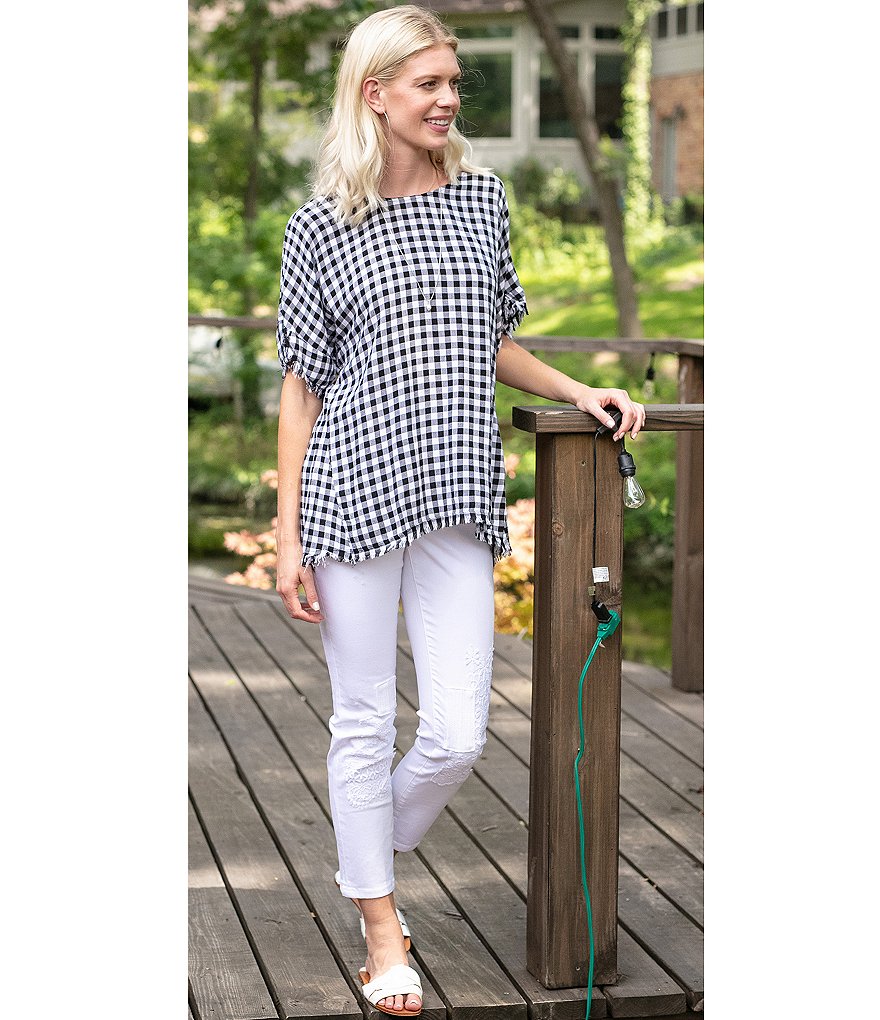 Tru Luxe Jeans Gingham Tulip Sleeve Lace Up Back Top