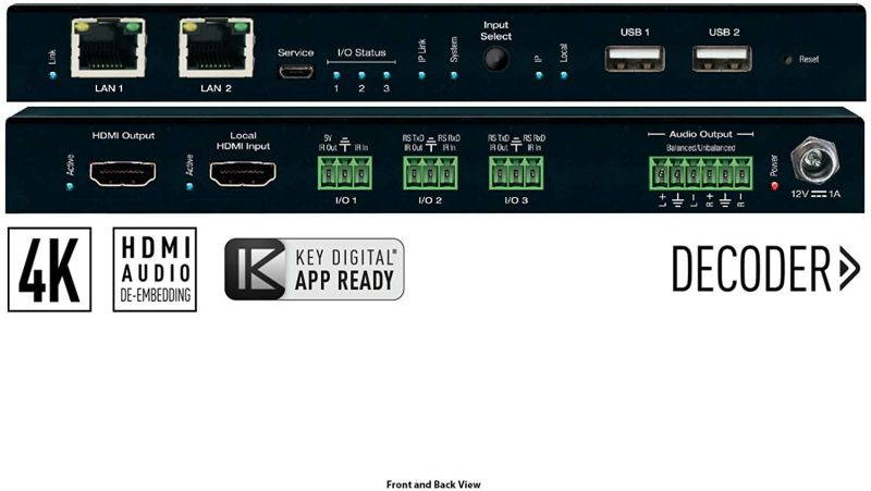 Key Digital KD-IP1022DEC 4K UHD AV Over IP Decoder with Independent Video/Audio/KVM/USB Routing and Video Wall Processing