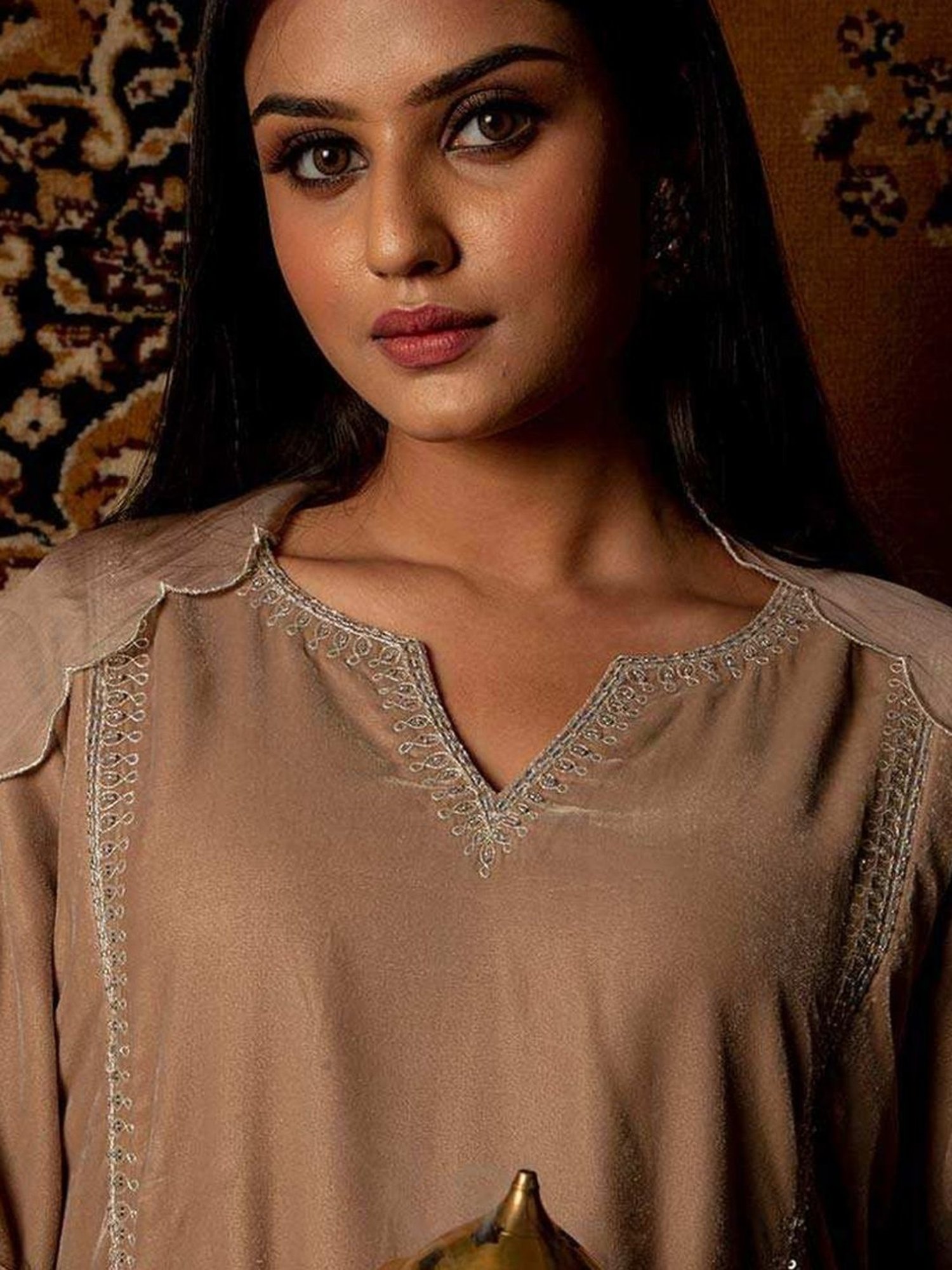 Priya Chaudhary Light Brown Naaz Embroidred Silk Velvet Kurta
