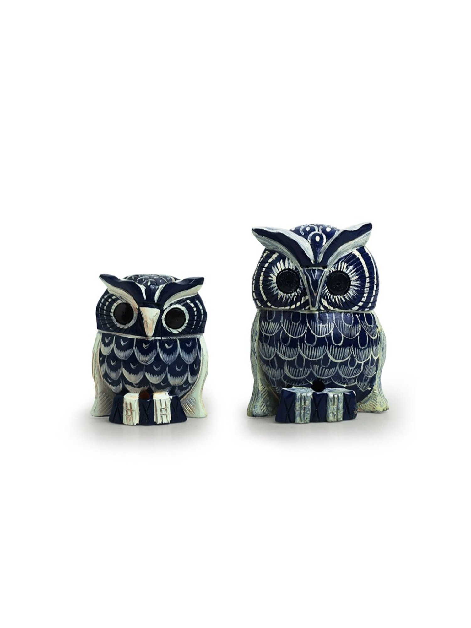 ExclusiveLane Hand-painted Blue & Off-White Eucalyptus Wood The Resting Owl Showpiece - Set of 2