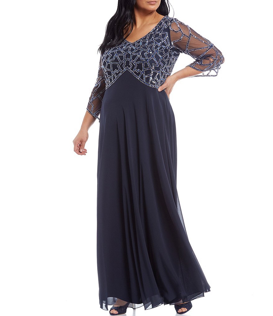 Jkara Plus Size 3/4 Sleeve V-Neck Beaded Gown