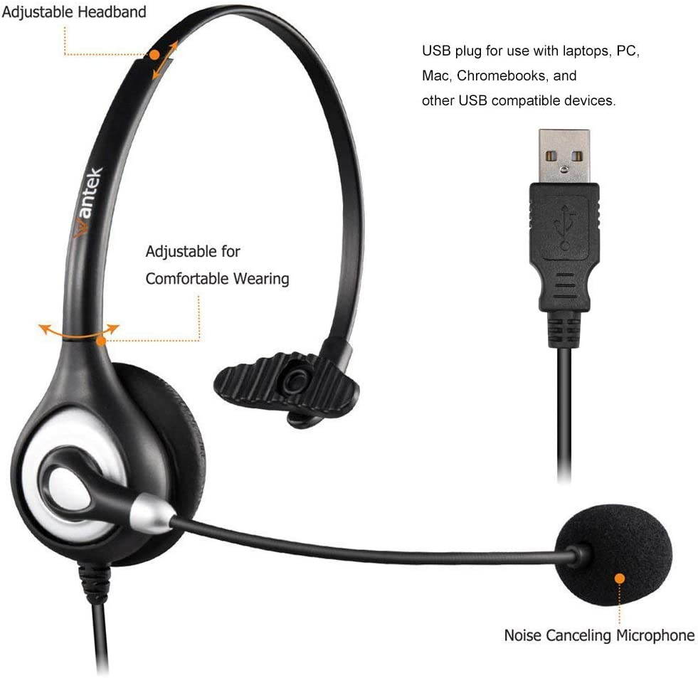 Corded USB Headsets Mono with Noise Cancelling Mic and in-line Controls UC Business Headset for Skype, SoftPhone, Call Center, Crystal Clear Chat, Super Lightweight, Ultra Comfort