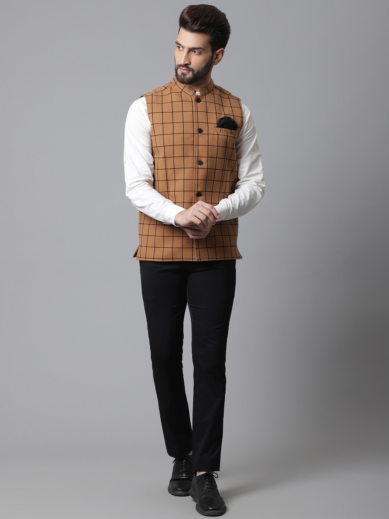 Even Beige Regular Fit Checks Nehru Jacket