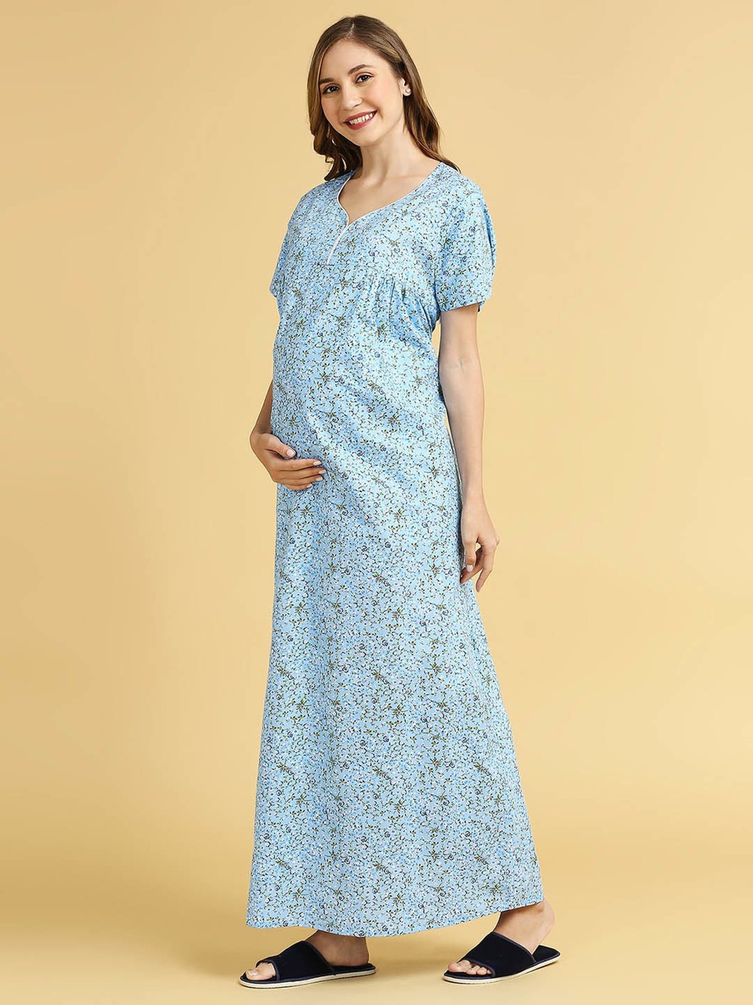 MomToBe Blue Cotton Floral Print Feeding Nighty