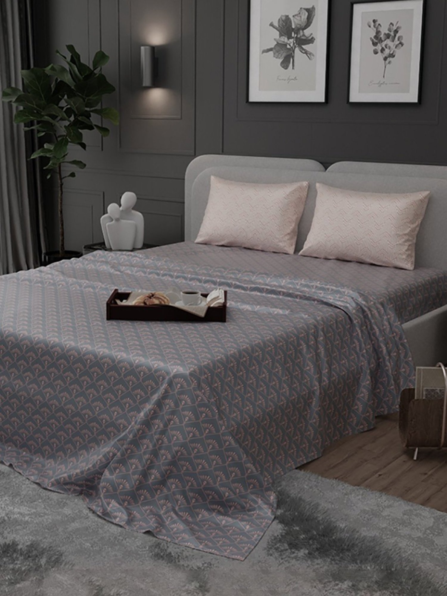 Stoa Paris Elegance Grey Polyester 300 TC Sateen King Size Bed Sheet With 2 Pillow Covers