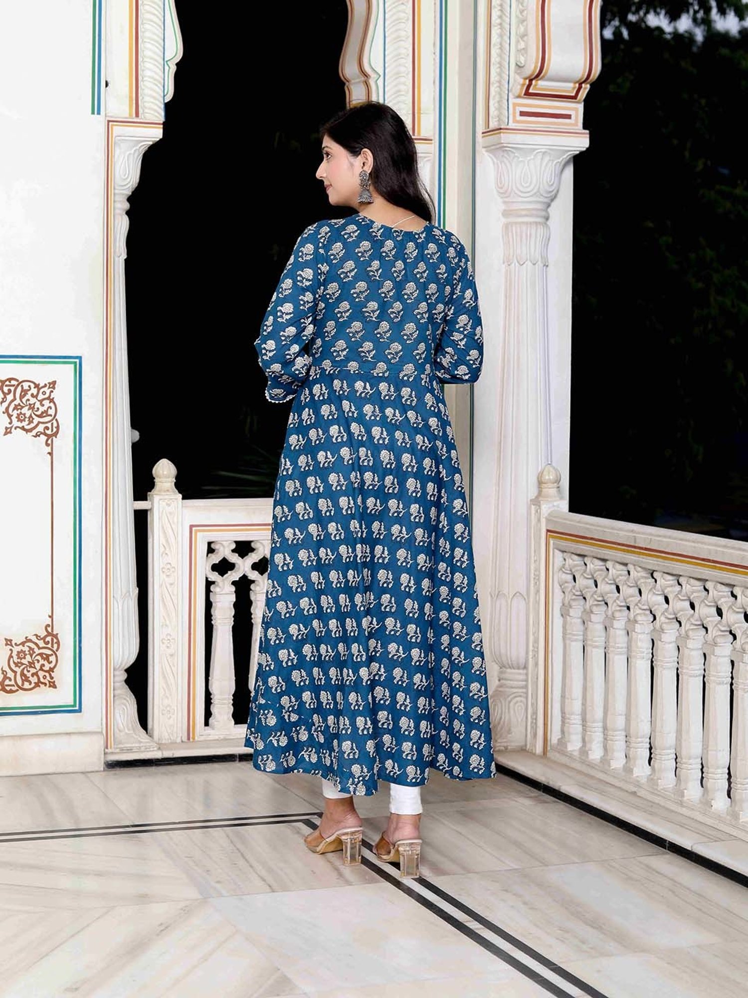 Miravan Blue Floral Print Anarkali Kurta With Dupatta