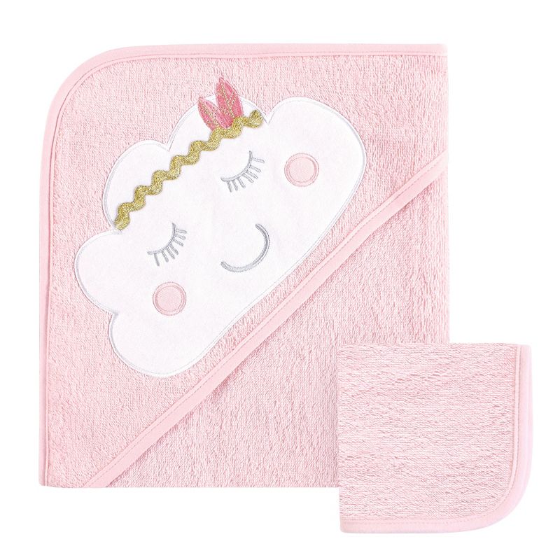 Hudson Baby Infant Girl Cotton Hooded Towel and Washcloth 2pc Set, Boho Cloud, One Size