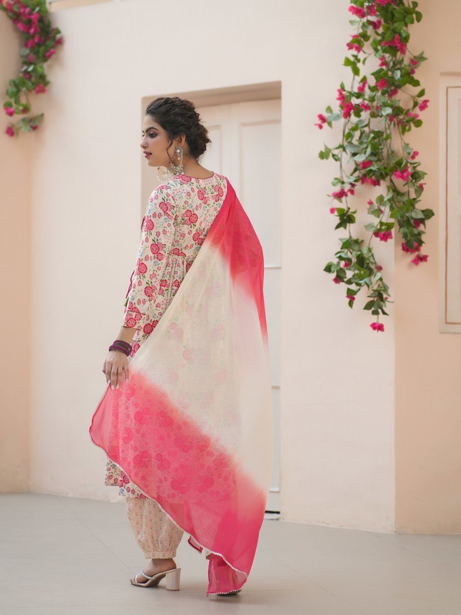 Rain and Rainbow Cream Cotton Embroidered Kurta & Salwar Set With Dupatta