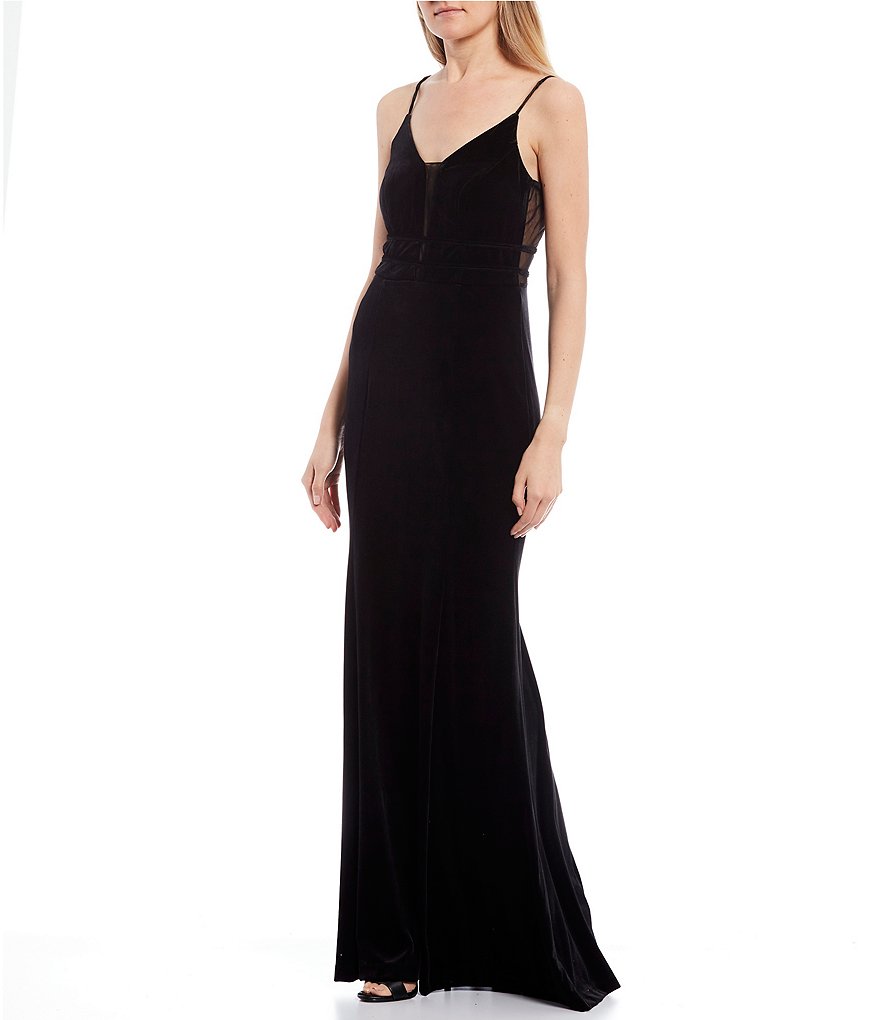 City Vibe Illusion Insets Piped Waist Velvet Sheath Long Dress