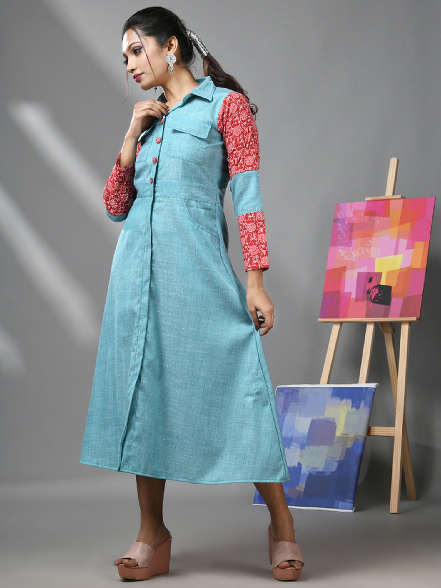 CHARUKRITI Sky Blue Cotton Printed A-Line Dress