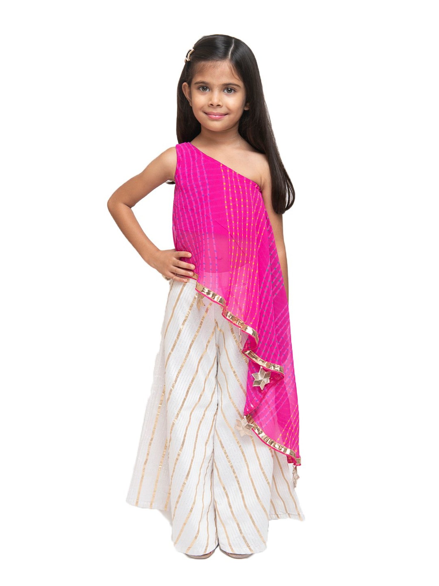 Fairies Forever Kids White & Pink Striped Leheriya Top With Skirt Pants