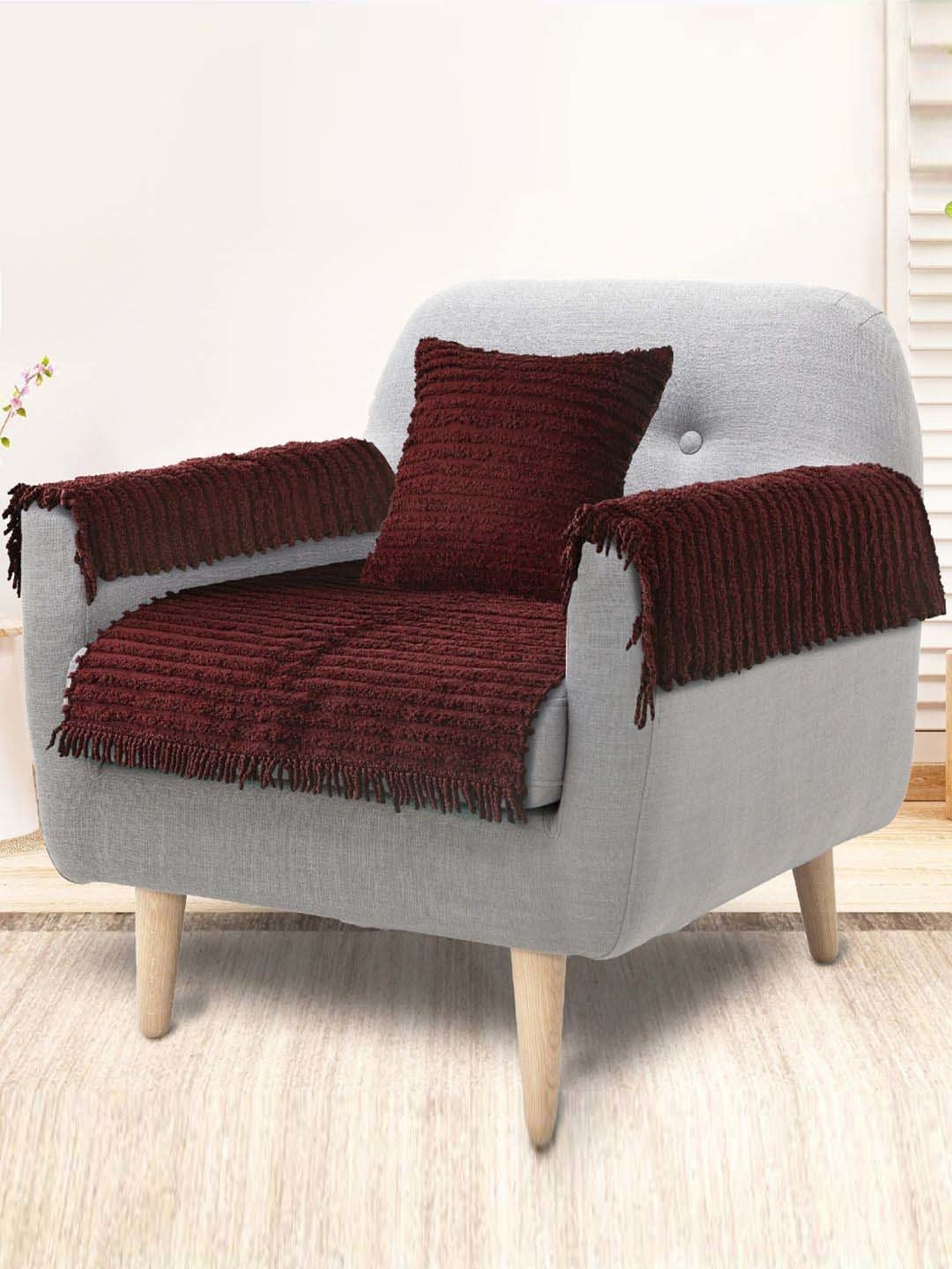 Saral Home Easy Living Maroon Microfiber Axis Sofa Cover Set