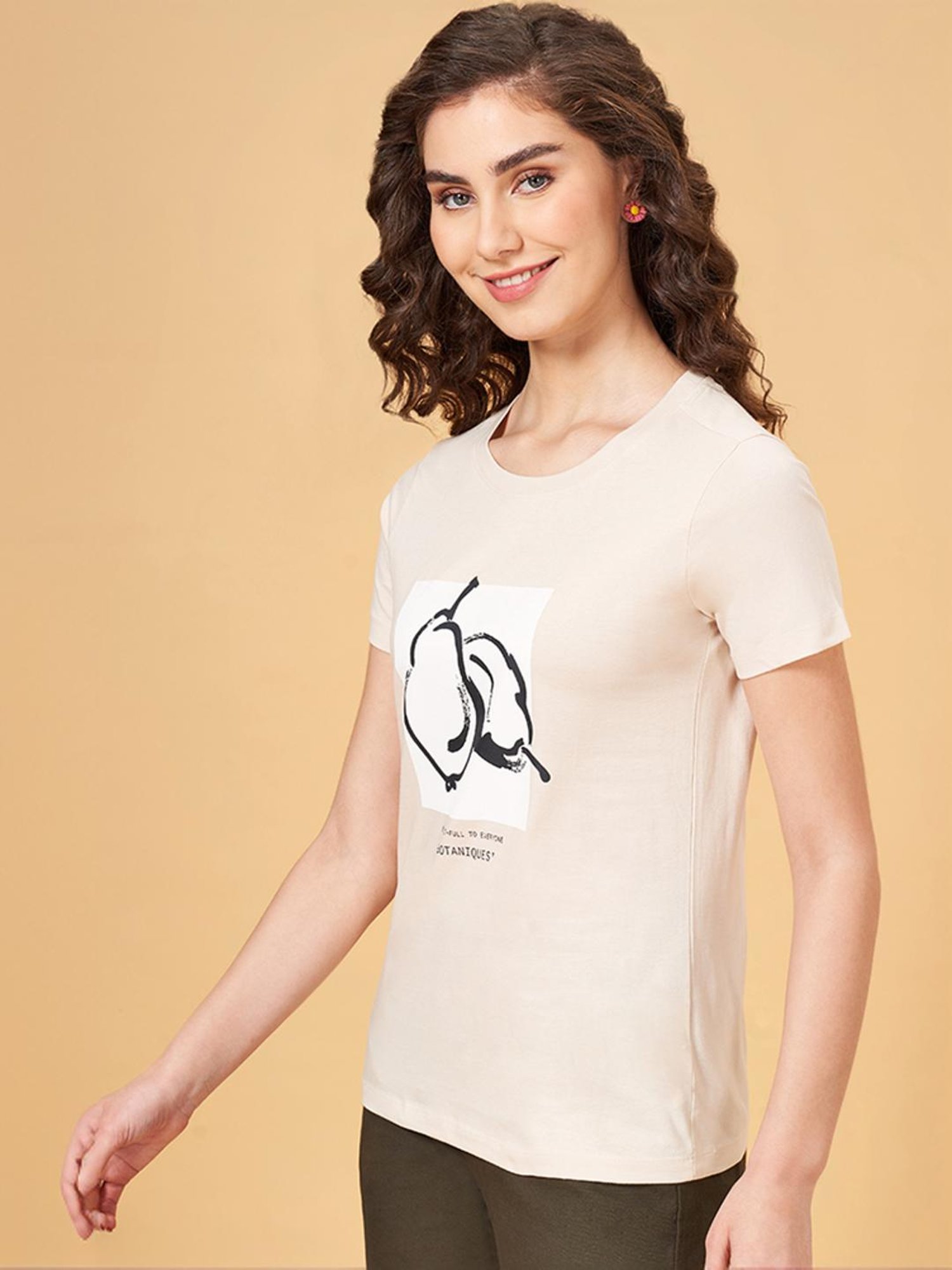 Honey by Pantaloons Beige Cotton Printed T-Shirt