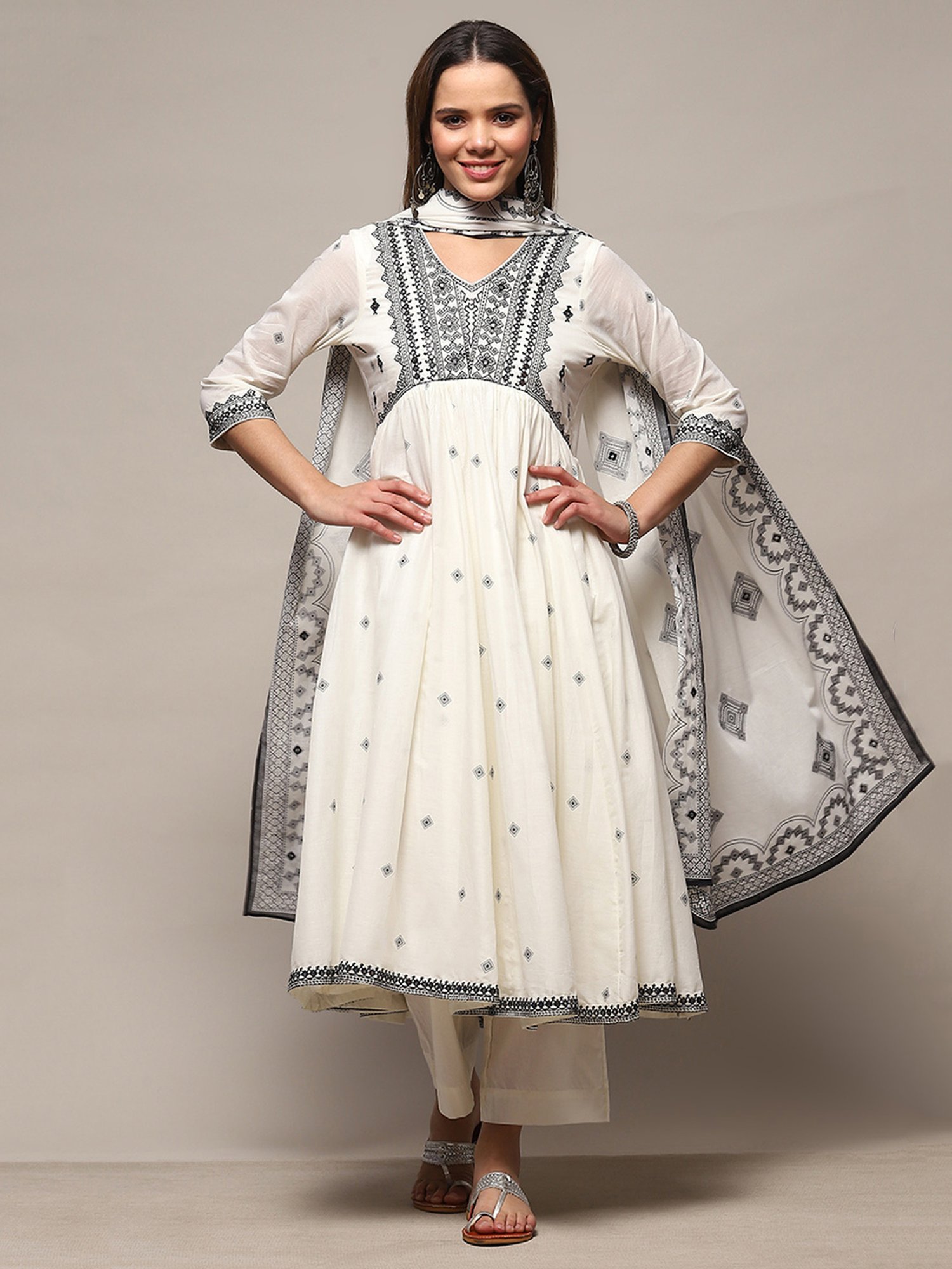 Biba Off White Embroidered Kurta With Palazzo & Dupatta