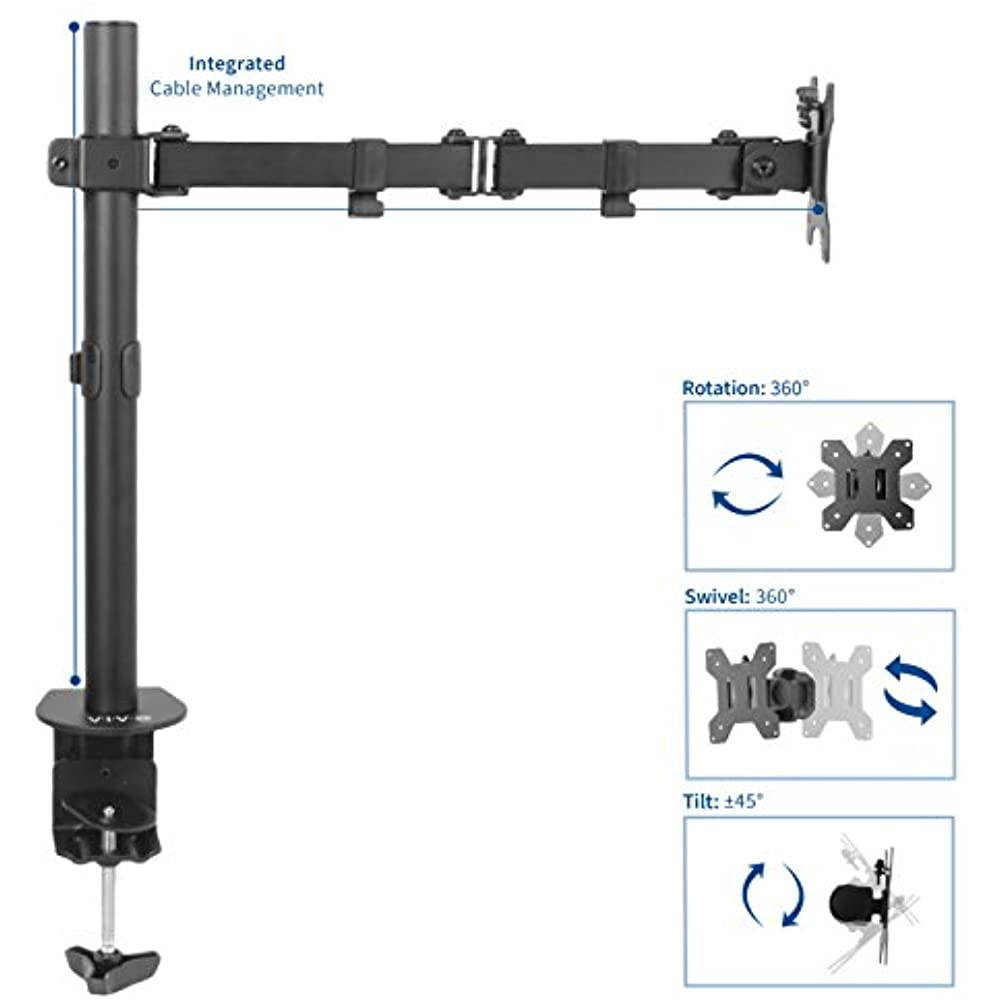 VIVO Full Motion Single VESA Monitor Desk Mount Stand with Double Center Arm Joint | For 13" to 32" Screens (STAND-V101)
