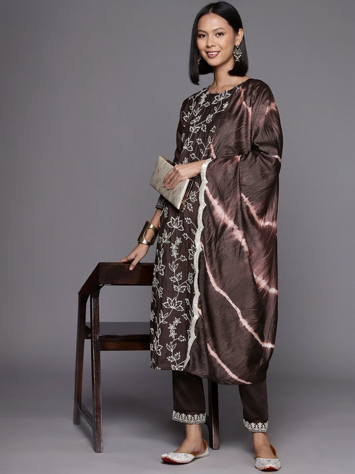 Varanga Brown Embroidered Kurta Pant Set With Dupatta