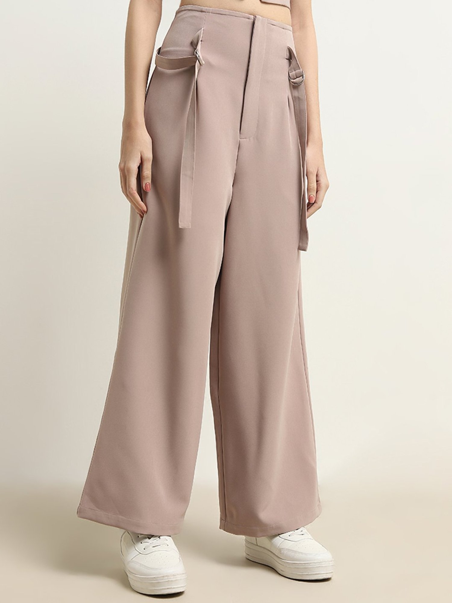 Nuon by Westside Taupe High-Rise Flared Trousers
