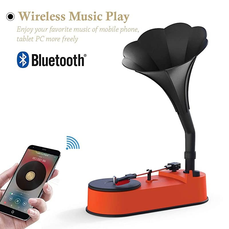 Record Player with Horn Speaker for 3345 RPM RecordsMini Gramophone Supporting Bluetooth Playback Orange