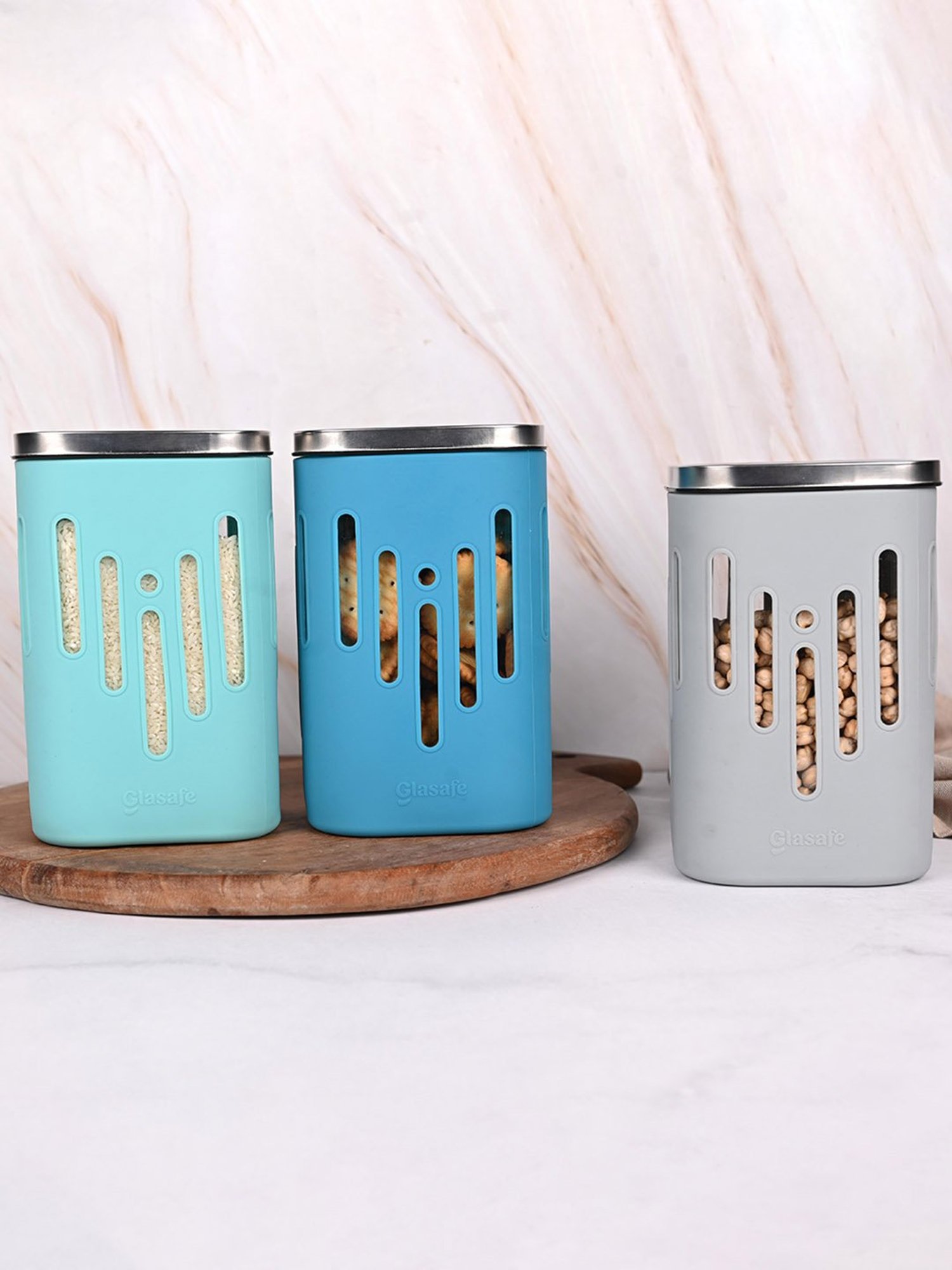 Glasafe 'O' Grip Multicolor Borosilicate Containers - Set of 3 (1200ml)