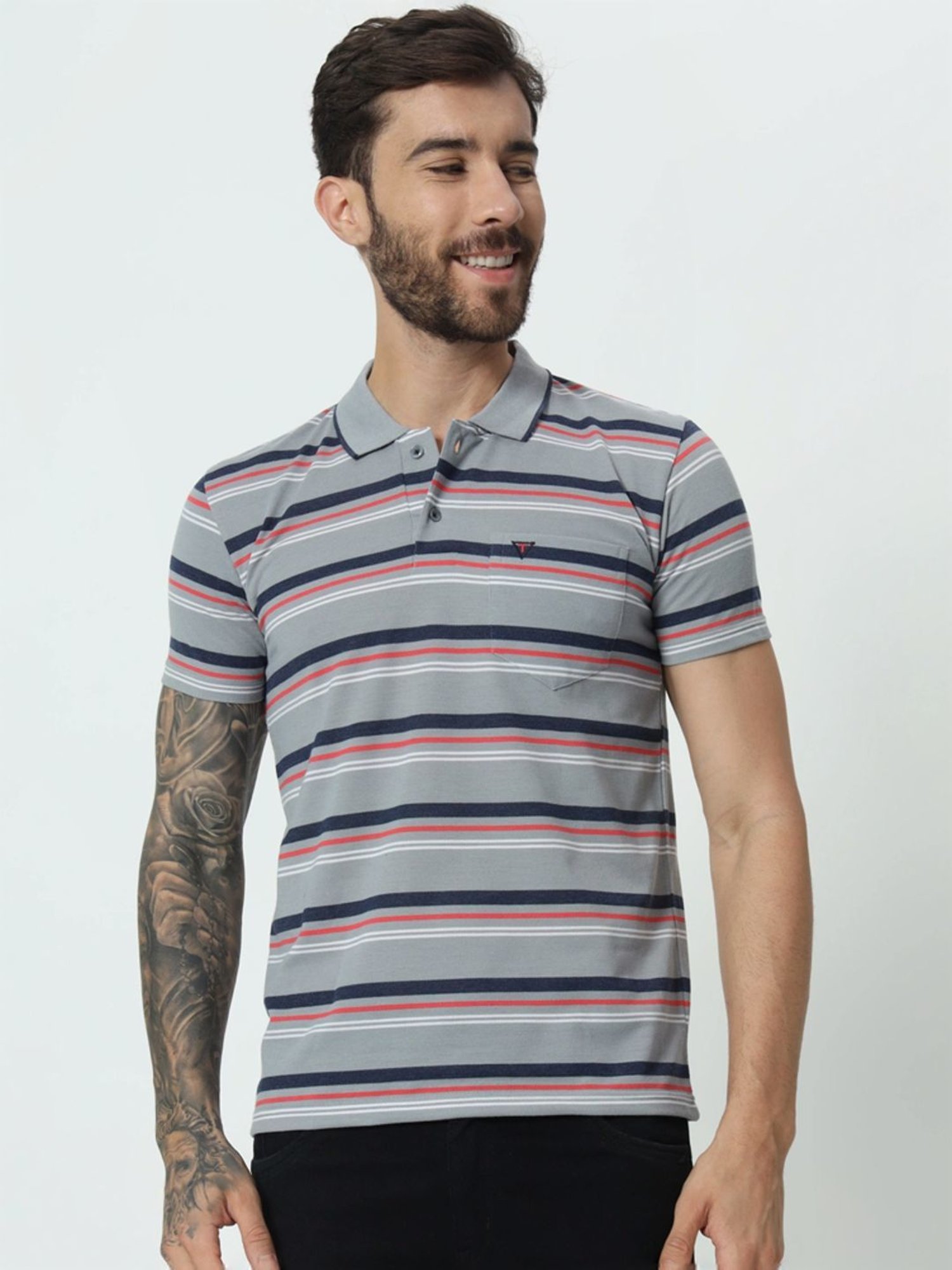 Tab91 Grey Regular Fit Striped Polo T-Shirts