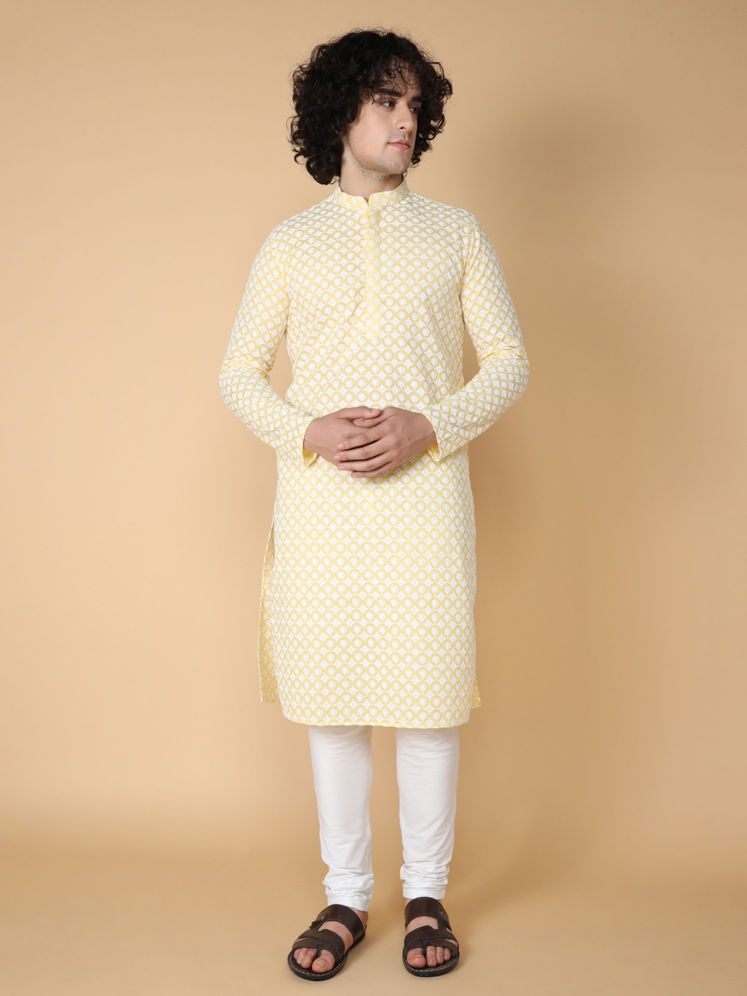 TABARD Light Yellow & White Regular Fit Printed Kurta & Pyjamas Set