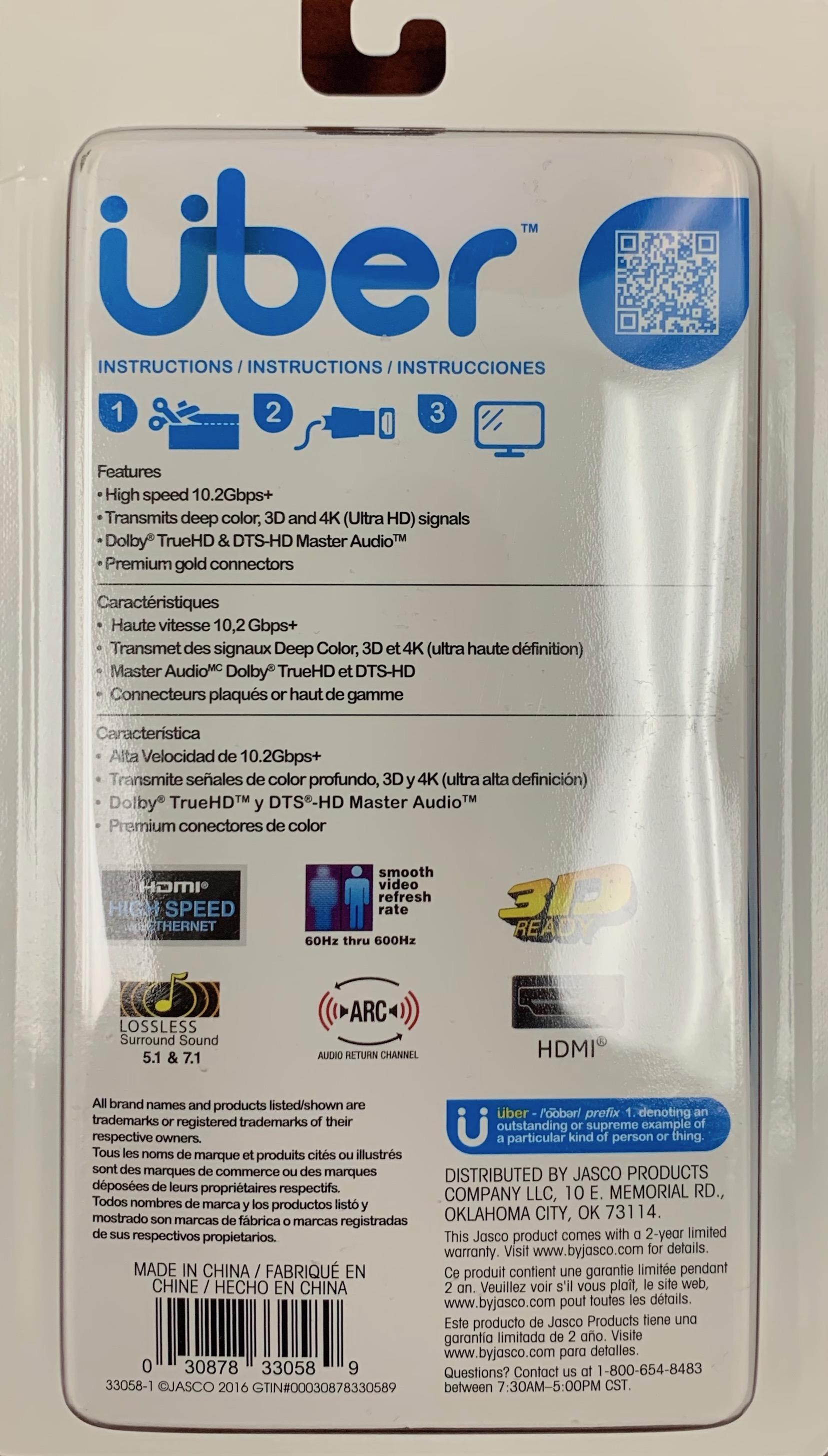 Uber HDMI Cable, High Speed, Ethernet, 6 FT HDMI