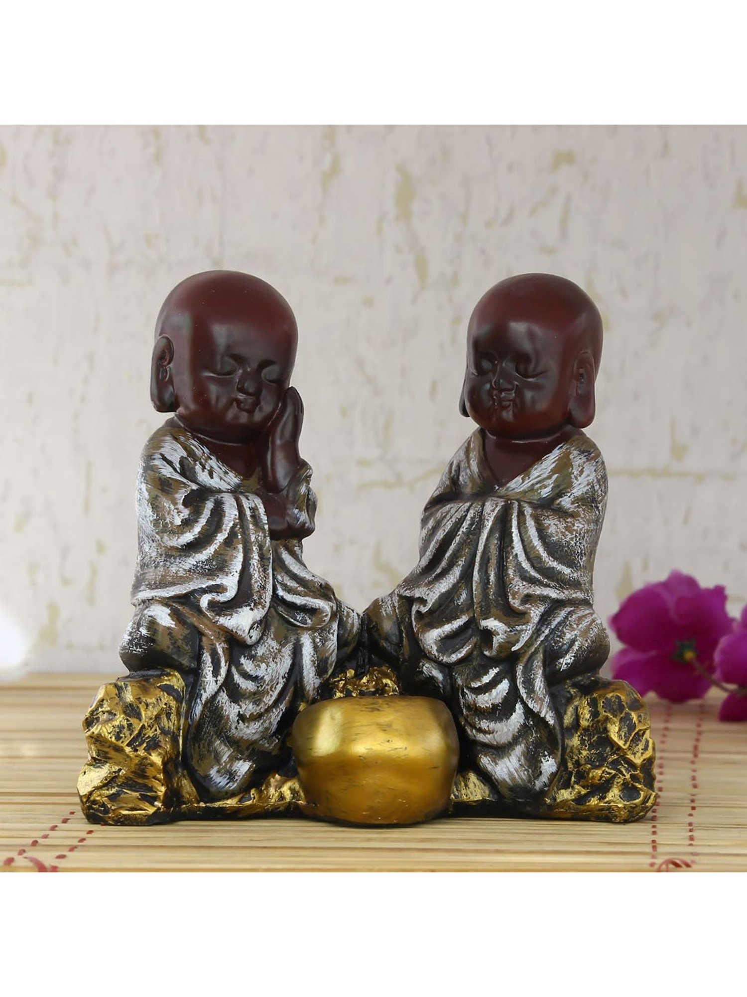 eCraftIndia Set of 2 Brown Monks Polyresin Tealight Holder