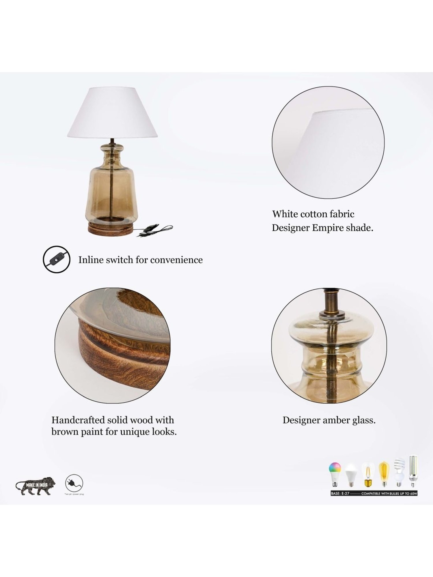 Kapoor Lamp Shades Smoke & Burnt Glass Paola & Cotton Shade Table Lamp