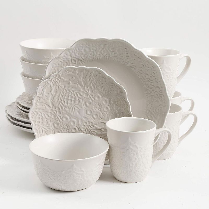 Gibson Elite Portina 124306.16R Round Everyday 16 Piece Reactive Glaze Dinnerware Set Plates, Bowls, and Mugs, Microwave and Dishwasher Safe, White