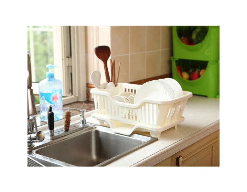 Basicwise Plastic Dish Rack with Drain Board and Utensil Cup