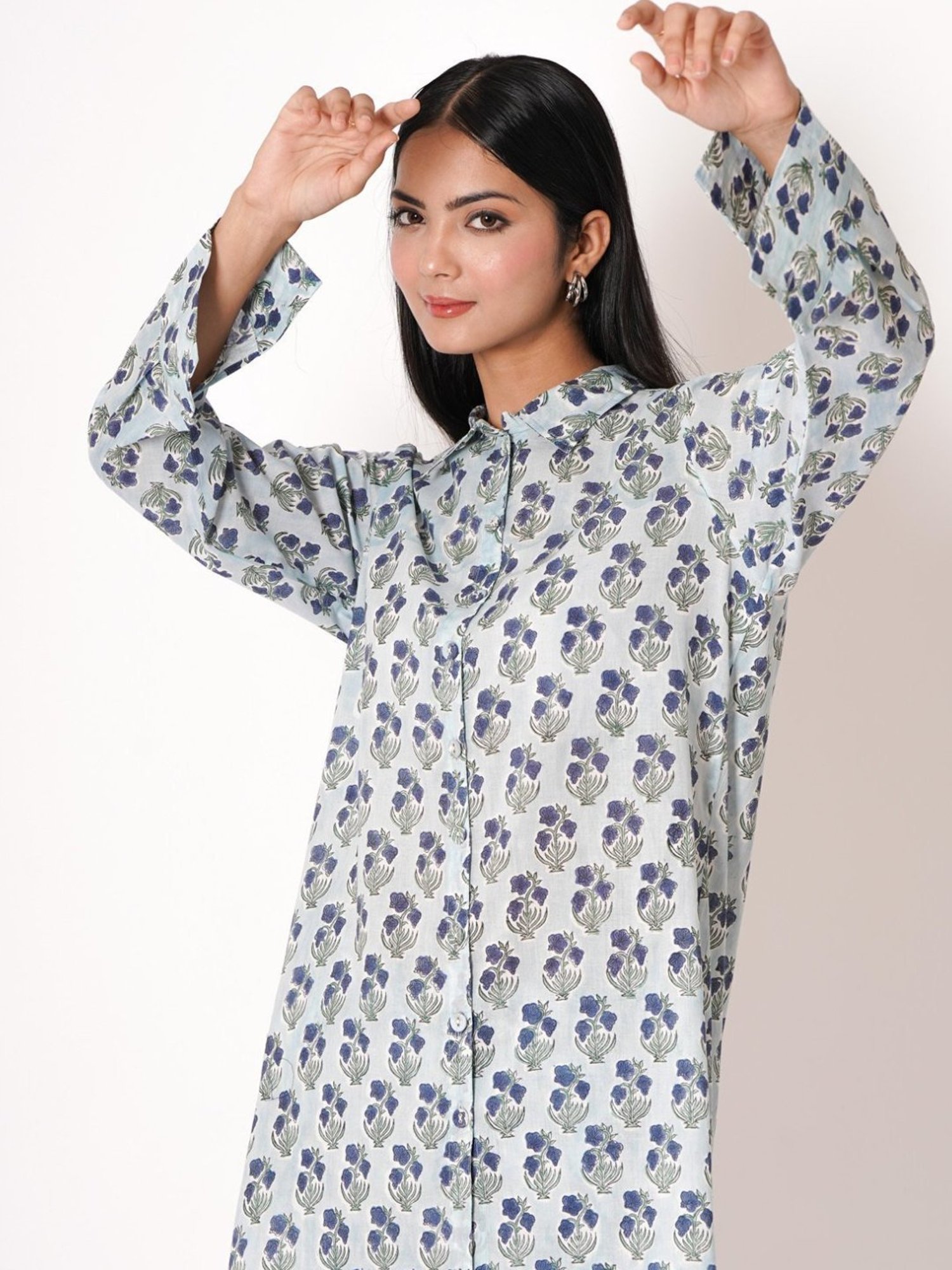 Kameez by Pooja Blue Handblock Floral Print Cotton Co-ord Set (Set of 2)