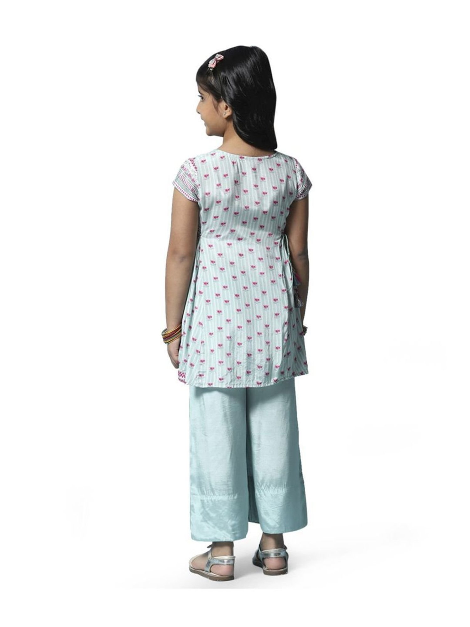 Biba Girls Sea Blue & Pink Floral Print Kurta Set