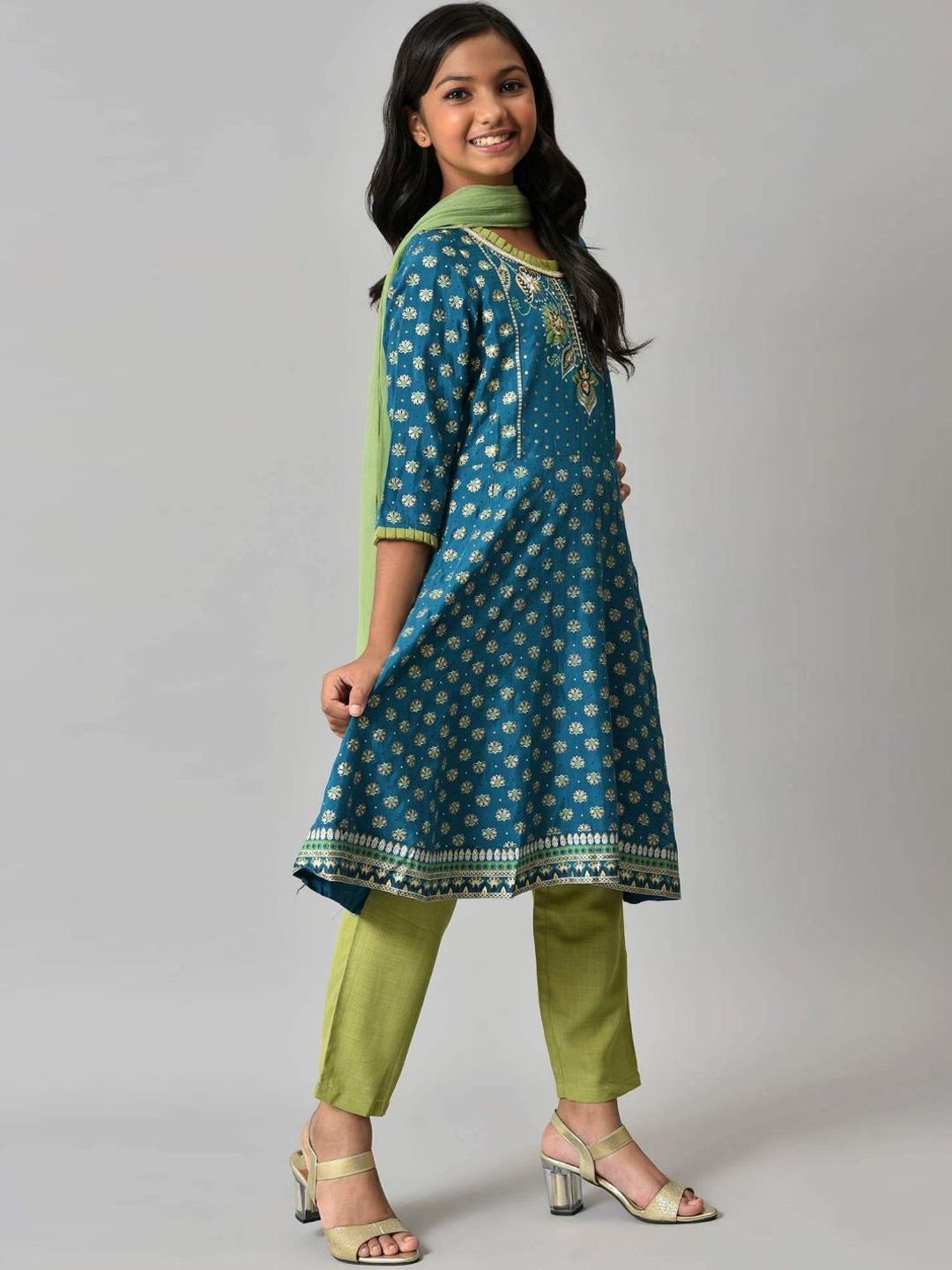 Aurelia Kids Blue & Green Printed Kurta Set