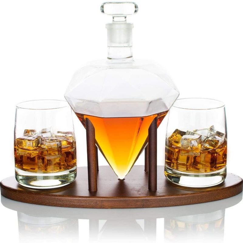Atterstone Unique One of a Kind Diamond Decanter Home Bar Set with Whiskey Ice Cube Chiller Stones and 2 Lowball Drinking Glasses