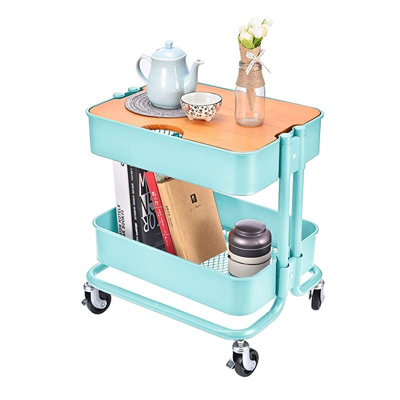 Metal Utility Rolling Cart Storage Side End Table with Cover Board for Office Home Kitchen Organization, Turquoise