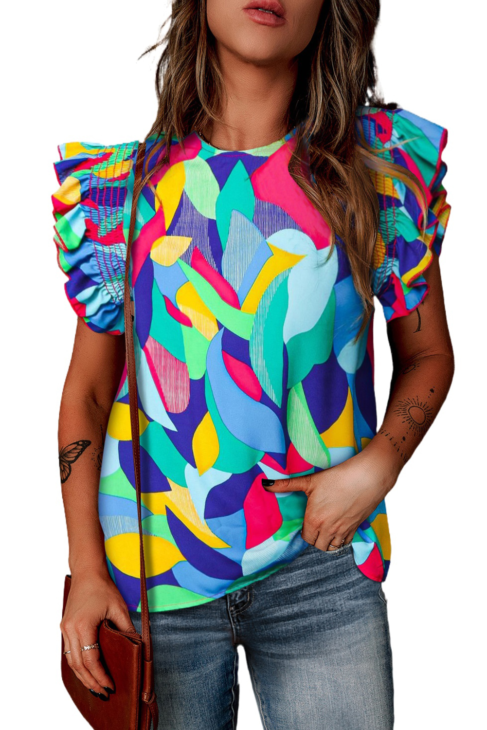 Multicolor Abstract Print Ruffle Sleeve Casual Blouse for Women