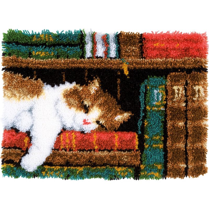Vervaco Latch Hook Rug Kit 21.25"X15.5"-Cat On Bookshelf