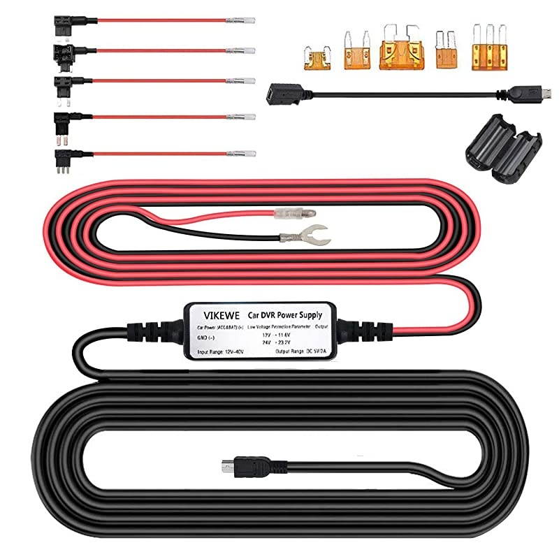Upgraded Dash Cam Hardwire Kit, 13ft Cable with Mini and Micro USB Port for Dash Camera, Battery Drain Protection, 12V-24V to 5V Car Charger Power Cord with 5 Fuse Kit and Installation Tool