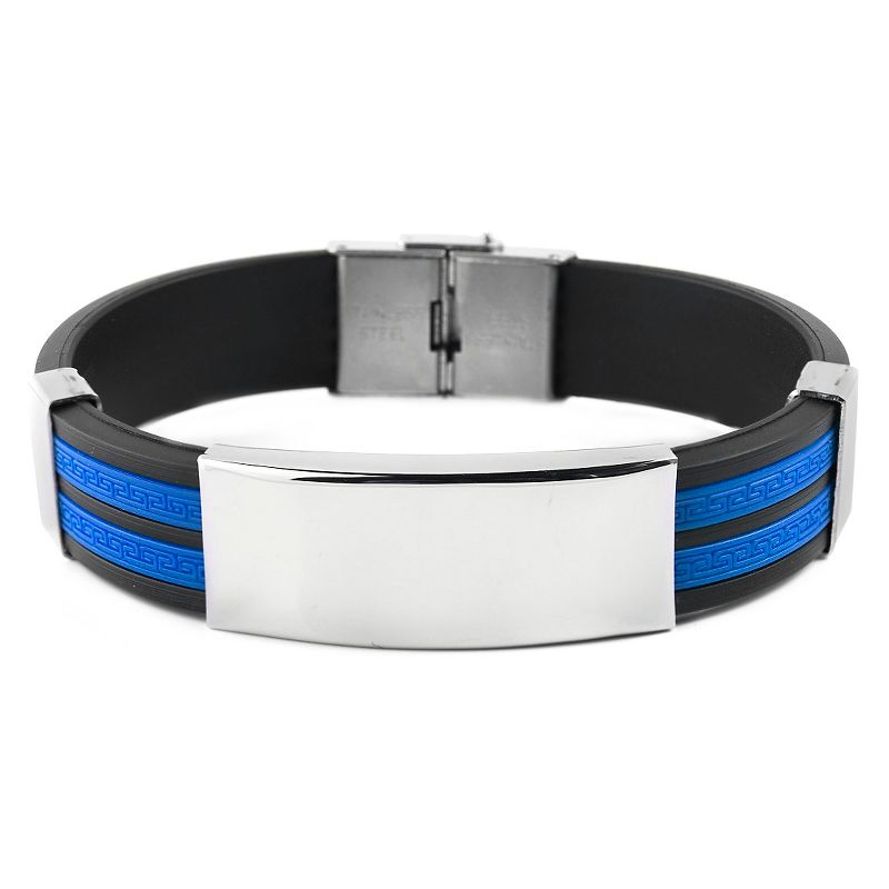 Men's West Coast Jewelry Stainless Steel ID Blue and Black Geometric Design Rubber Bracelet
