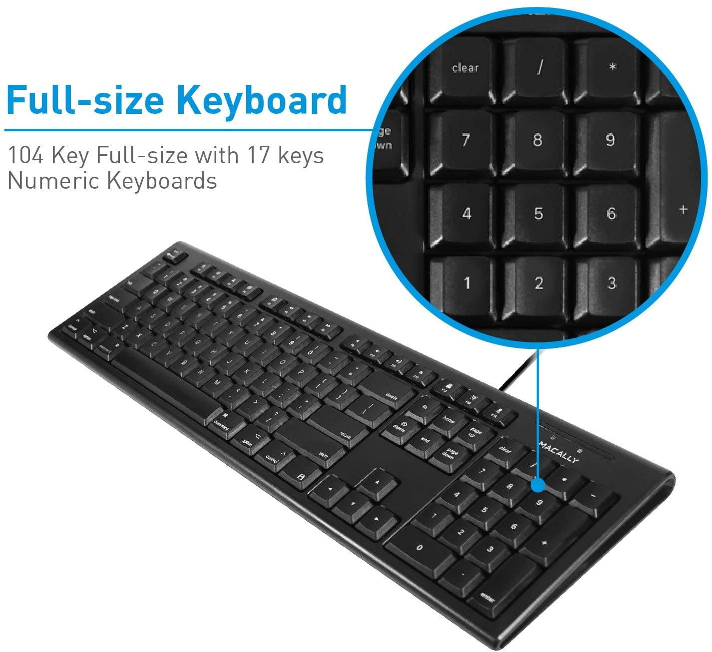 Macally Full Size Mac Wired Keyboard - Compatible with All Macs with USB Port - Durable Mac Keyboard with Number Pad & 16 Apple Shortcut Keys - Rubber Keycaps & Spill Proof - QKEYB (Black)