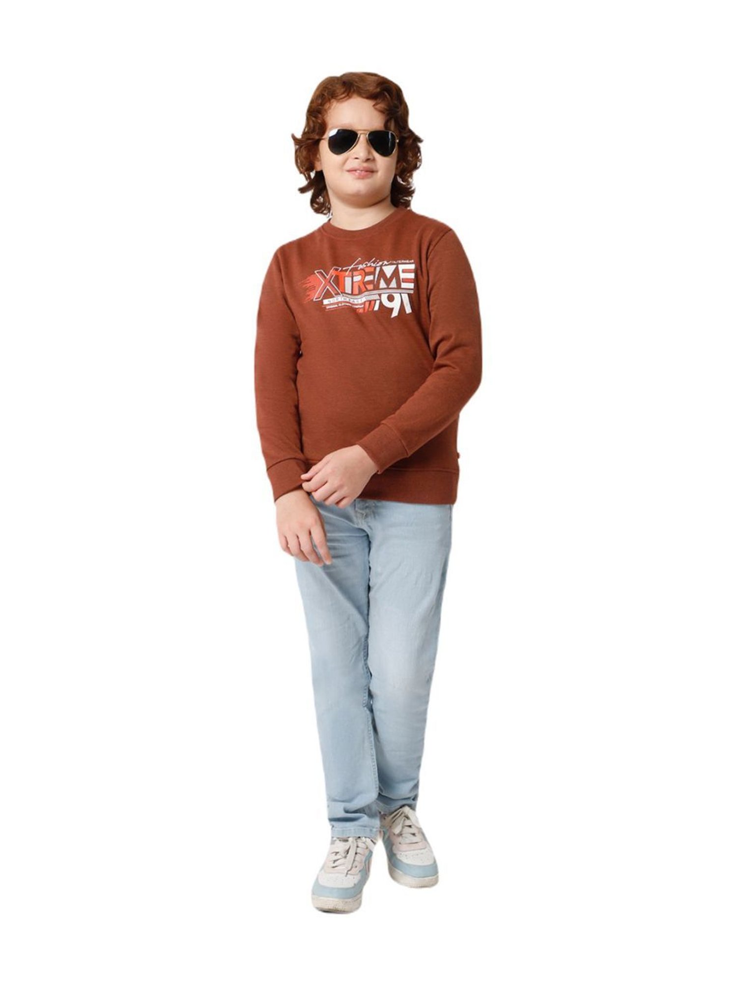 Proteens Kids Melange Brown Cotton Printed Full Sleeves Sweatshirt