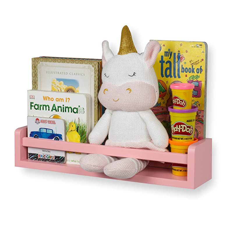 Nursery Room Decor Wall Shelf Book Organizer Storage Ledge Floating Bookshelf Display Holder for Toys CDs Frames Monitor - Ships Assembled (Light Pink)
